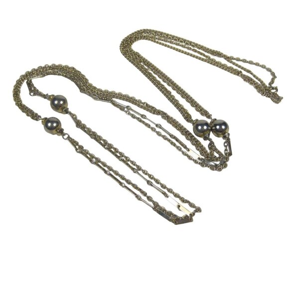 Multi Strand Floating Necklace Goldtone Chain 52 inch Vintage Station Beads WEAR - Picture 1 of 10